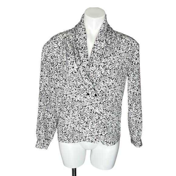 Vintage 80s floral button down blouse black white v-neck size 8 - Picture 1 of 6
